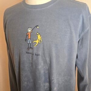 Life is Good Distressed Long Sleeve T Shirt Graphic Print  Blue "Have a ball" L